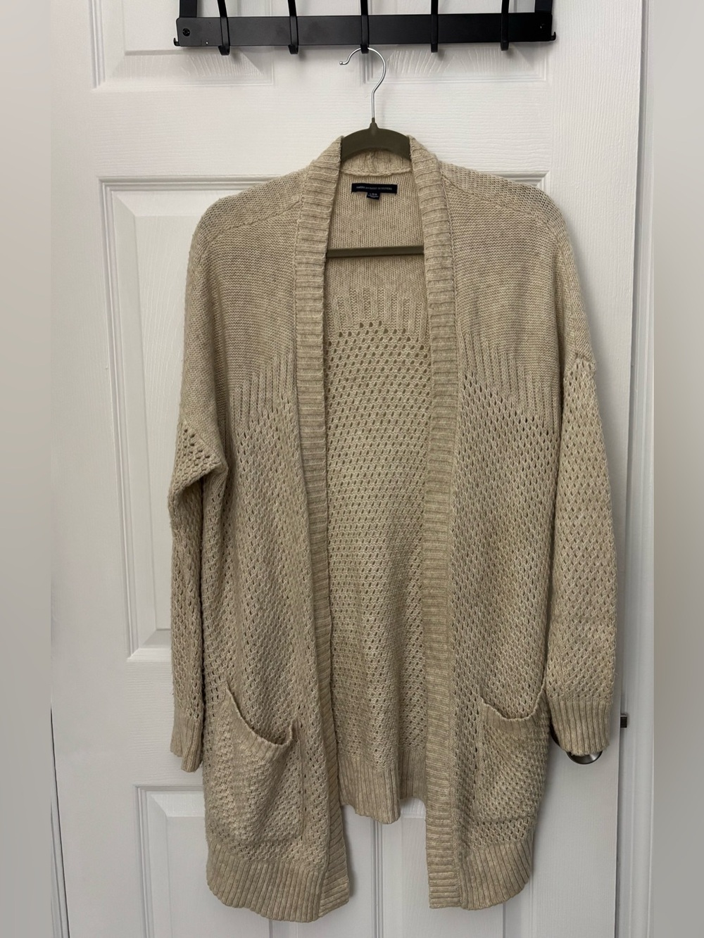 American Eagle Outfitters Beige Cotton Blend Open-Front Knit Fall Cardigan